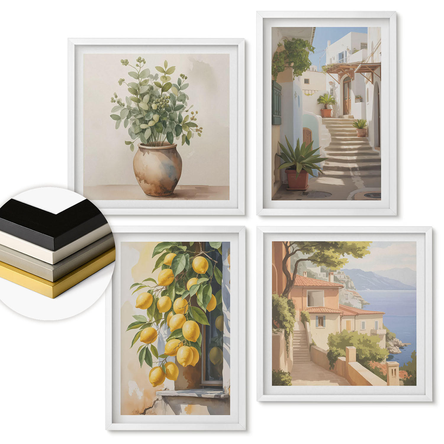 WANDBILDER 4er-Set - 50x50 cm & 40x60 cm Weißer Rahmen - Zitronenblumen im Topf, Straßen - Weiß, Kunststoff (50/50cm) - ArtPrintCave