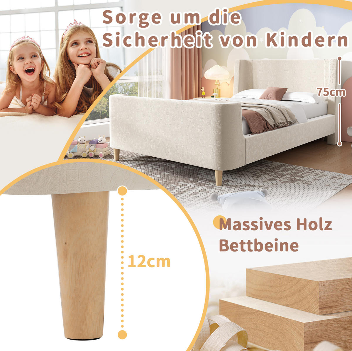 KINDERBETT 90/200 cm Beige aus Samt mit Weltraummuster - Beige, Textil (90/200cm) - OKMYHOME