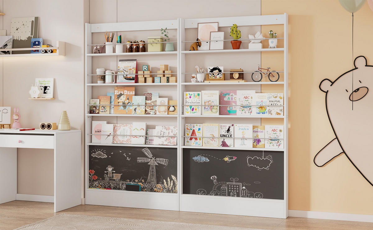 BÜCHERREGAL Weiß 2er-Set mit Schwarztafel 200/10/180 cm - Weiß, Holzwerkstoff (200/180/10cm) - PANGIVO