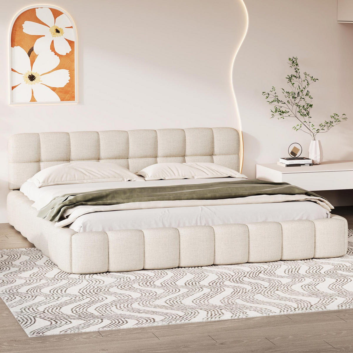 POLSTERBETT 140x190 cm Fleur Soft mit Blumenrand-Design und weicher Rückenlehne, Leinen-Optik Beige - Beige, Textil (140/190cm) - DELFA