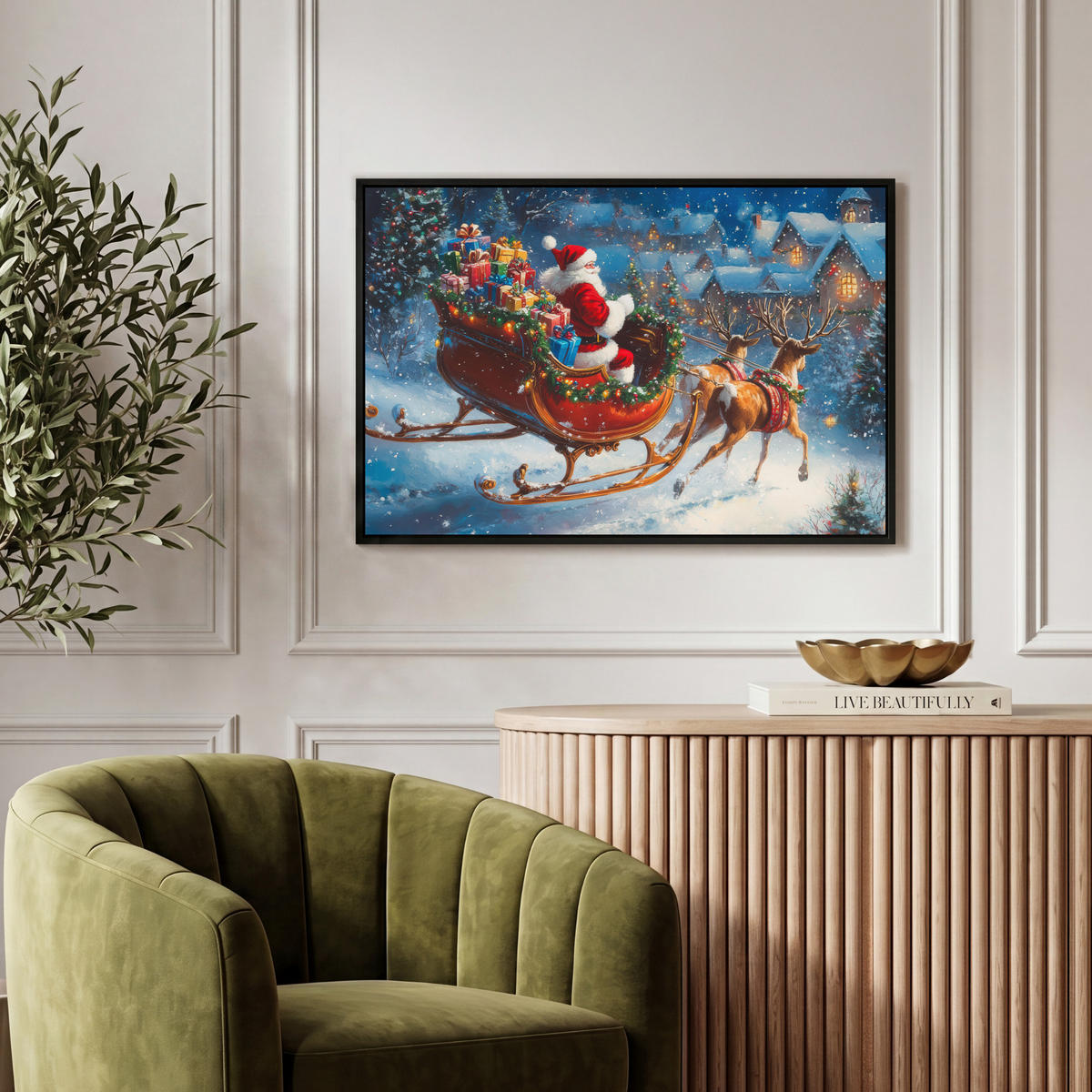 LEINWAND Bilder mit Rahmen - Weihnachtsmann - Rentier - Weihnachten - Schnee - 60x40 - Cognac, Textil (60/40cm) - MuchoWow