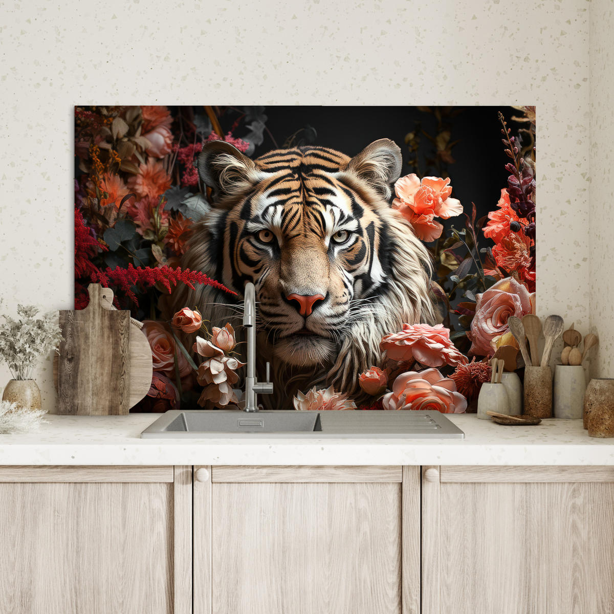 SPRITZSCHUTZ KÜCHE Tiger - Tier - Natur - Floral - Botanisch 90x60 cm - Orange, Metall (90/0.3/60cm) - MuchoWow