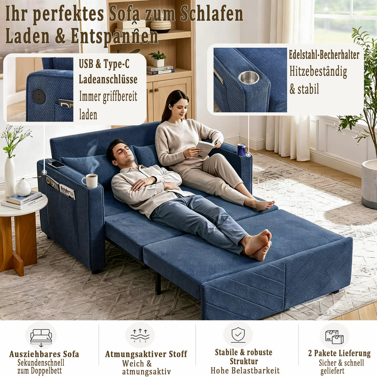 SCHLAFSOFA 134/82/73 cm Marineblau mit USB Charging und Aufbewahrungstasche - Blau, Textil (134/73/195cm) - Oxeza