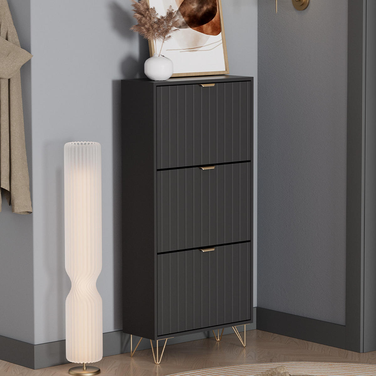 SCHUHSCHRANK Helge Schwarz 60 x 128.5 cm 3 Fächer - Schwarz, Holzwerkstoff (60/128.5/23.5cm) - Vicco