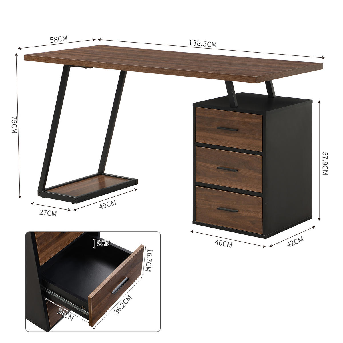 SCHREIBTISCH Dunkelbraun 135,5/58/75 cm mit 3 Schubladen und Metallrahmen - Dunkelbraun, Holzwerkstoff (58/135.5/75cm) - PANGIVO