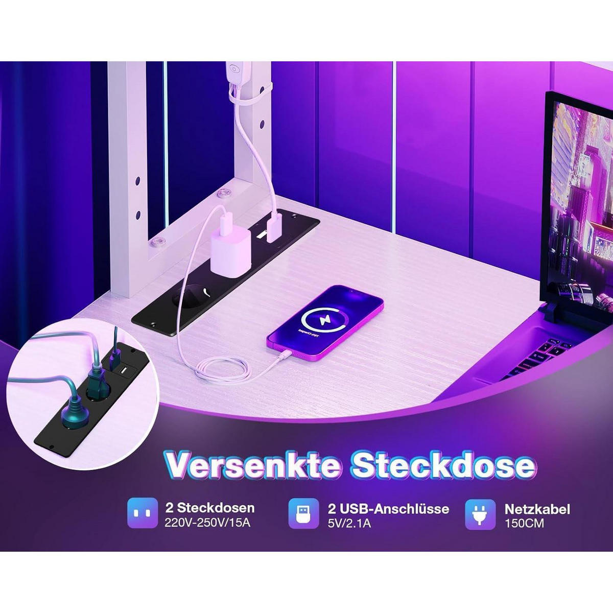 GAMING Tisch L-Form mit LED und Steckdosen 135 x 100 cm Weiß - Weiß, Holzwerkstoff (80/110/75.6cm)