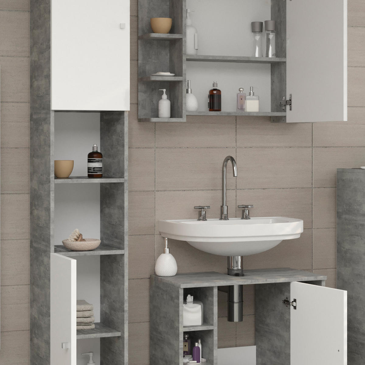 BADMÖBEL-SET Fynn Beton 4 Teile - Schieferfarben/Weiß, Holzwerkstoff (60/54/32cm) - Vicco
