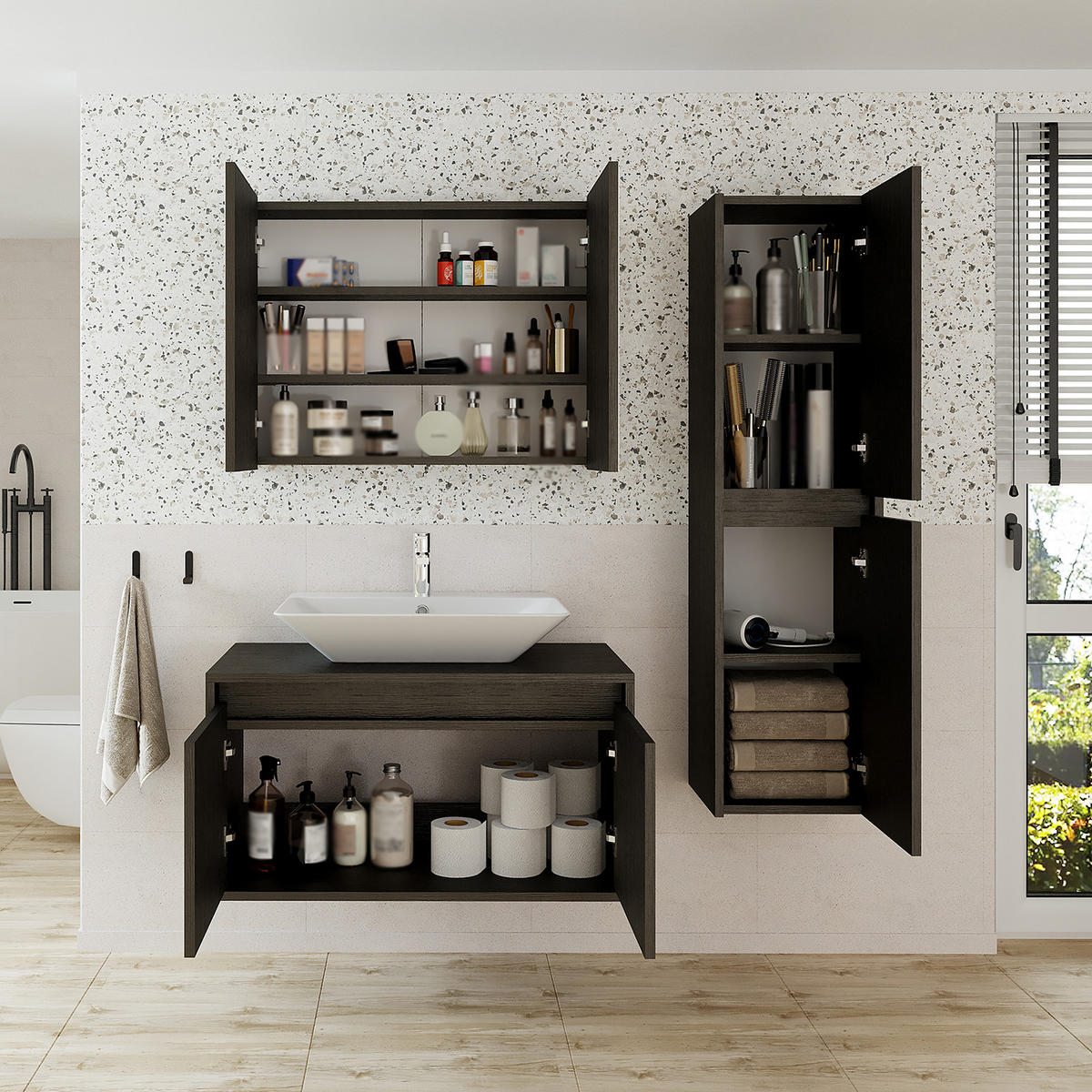 BADMÖBEL Set ATLANTIC-85 4-teilig - Schwarz, Holzwerkstoff (85/150/45cm) - Roomart