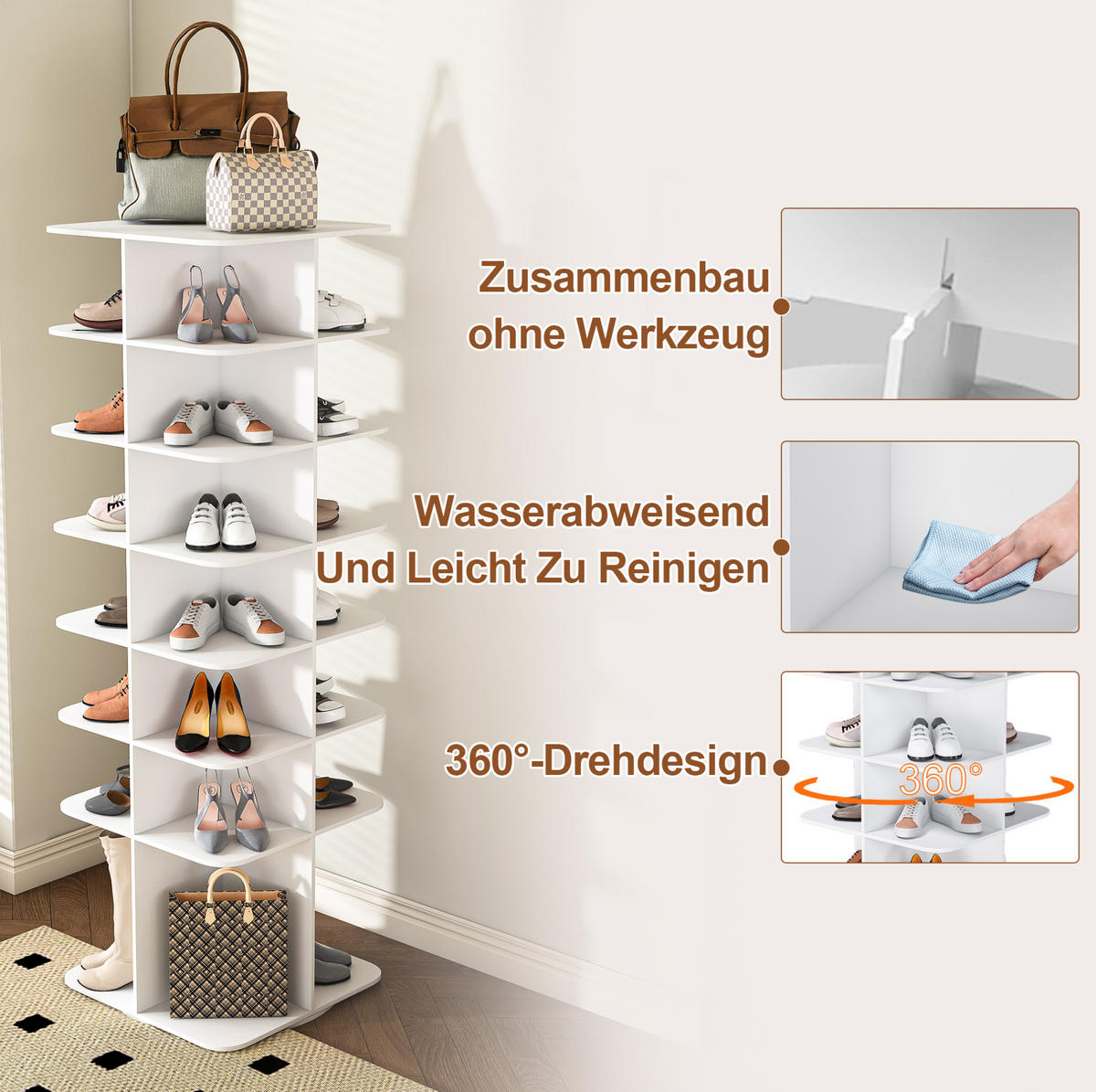 SCHUHREGAL 60/60/184 cm in Weiß drehbar mit 7 Ebenen - Weiß, Holzwerkstoff (184/60/60cm) - Flora Grace