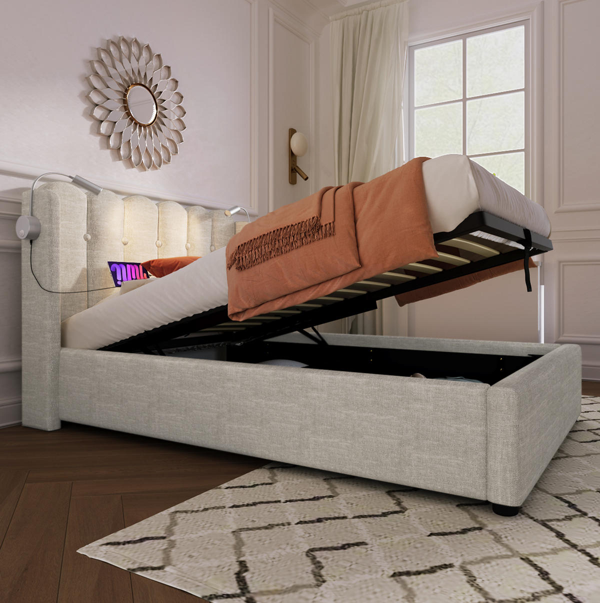 POLSTERBETT aus Leinen 90x200 cm Natur mit Bettkasten, Leselicht und USB-Anschluss - Naturfarben, Textil (90/200cm) - IVMEU