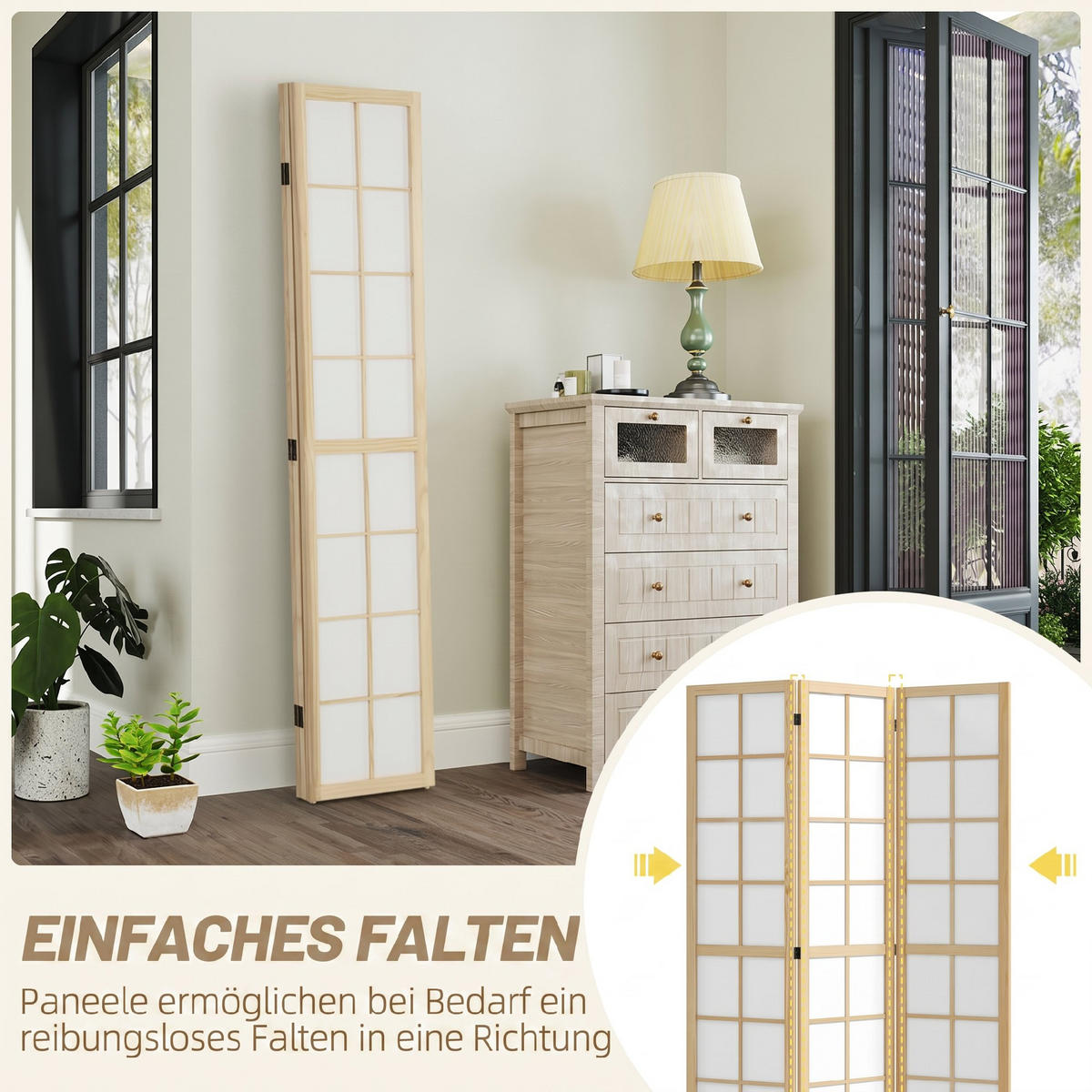 PARAVENT Kiefernholz, Vliesstoff Naturholz - Weiß/Naturfarben, Holz/Textil (1.7/170/120cm) - HOMCOM