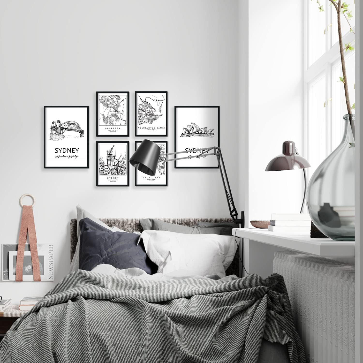 POSTER Set Mit 6 Drucke Von Australien Von Karten In Schwarz Weiß A3 & A4 Schwarzer Rahmen - Schwarz, Papier (29/3cm) - Nacnic