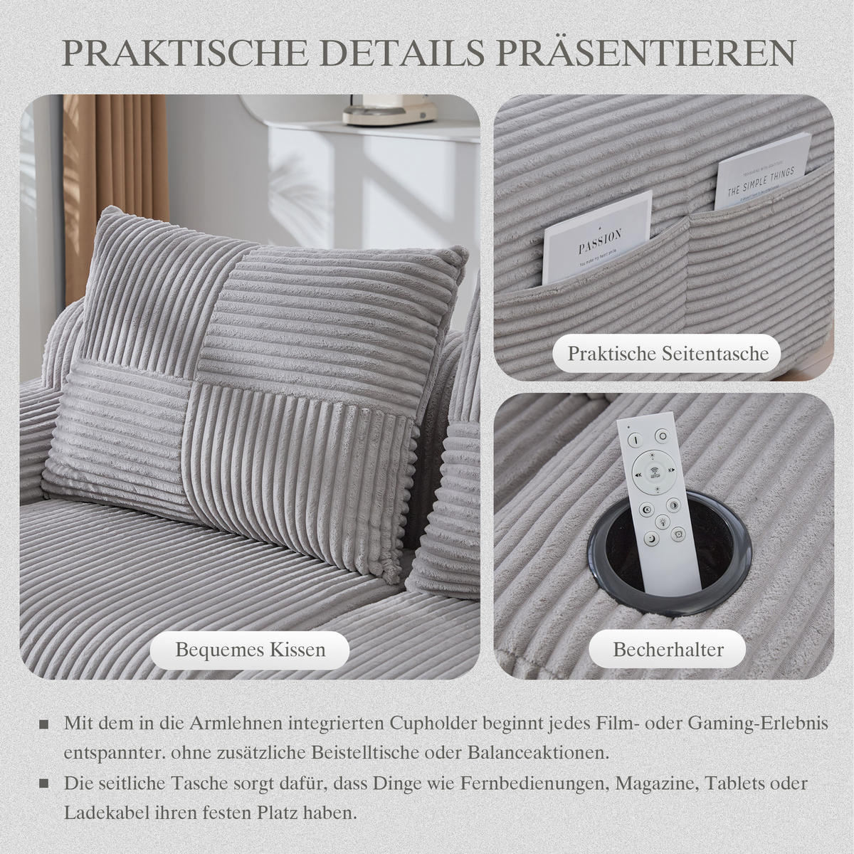MODULARES 2-Sitzer Sofa Cord mit Getränkehalter und Seitentasche 200/174/80 cm Hellgrau - Hellgrau, Textil (174/80/200cm) - Redom
