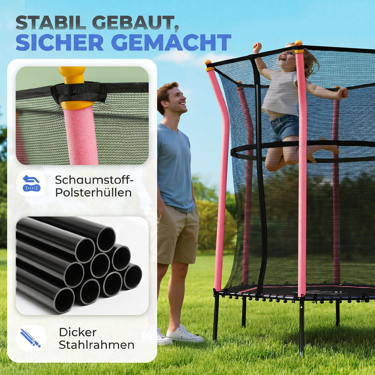 TRAMPOLIN DE-10771 für Kinder, Ø163,5 cm mit Sicherheitsnetz Blau - Pink, Metall (163.5/163.5cm) - ComfortXL
