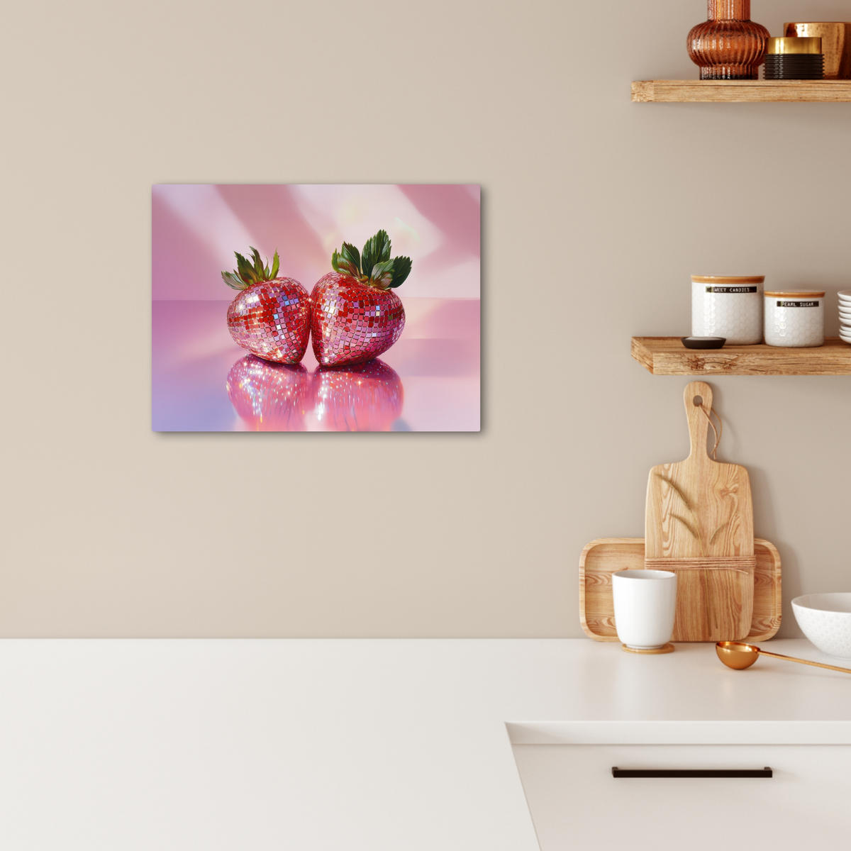 LEINWANDBILD Disco - Obst - Glitzer - Erdbeere 40x30 cm - Pink, Textil (40/30cm) - MuchoWow