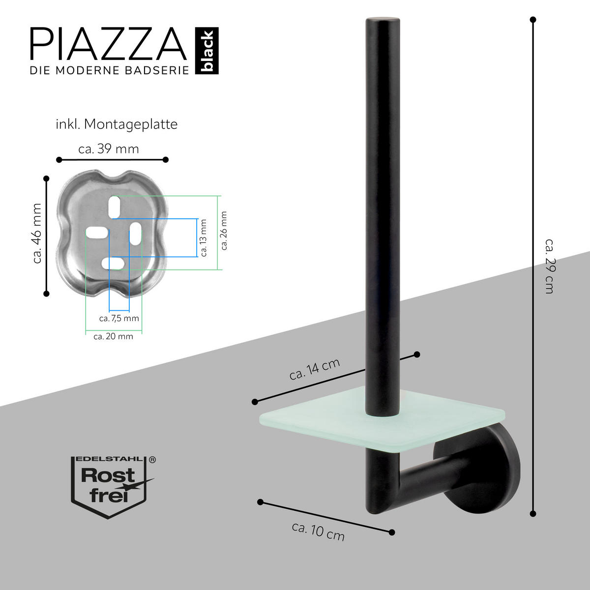 TOILETTENPAPIERHALTER PIAZZA BLACK, Glas und Edelstahl, schwarz - Schwarz, Metall (10/29/14cm) - bremermann