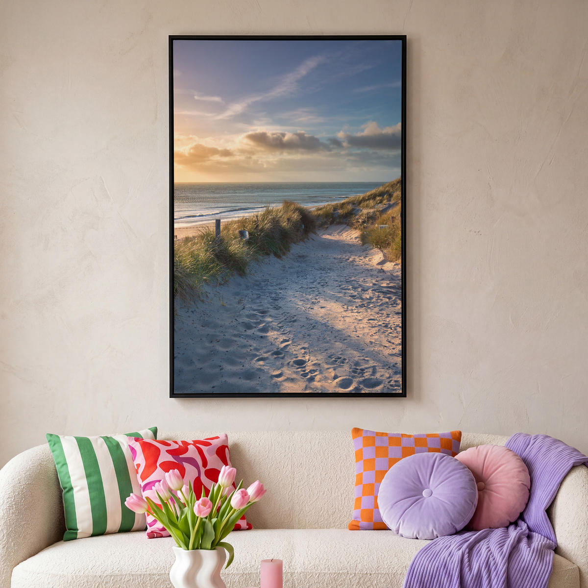 LEINWAND Bilder mit Rahmen - Sonnenuntergang - Strand - Düne - Gras - Ufer - 80x120 - Sandfarben, Textil (80/120cm) - MuchoWow