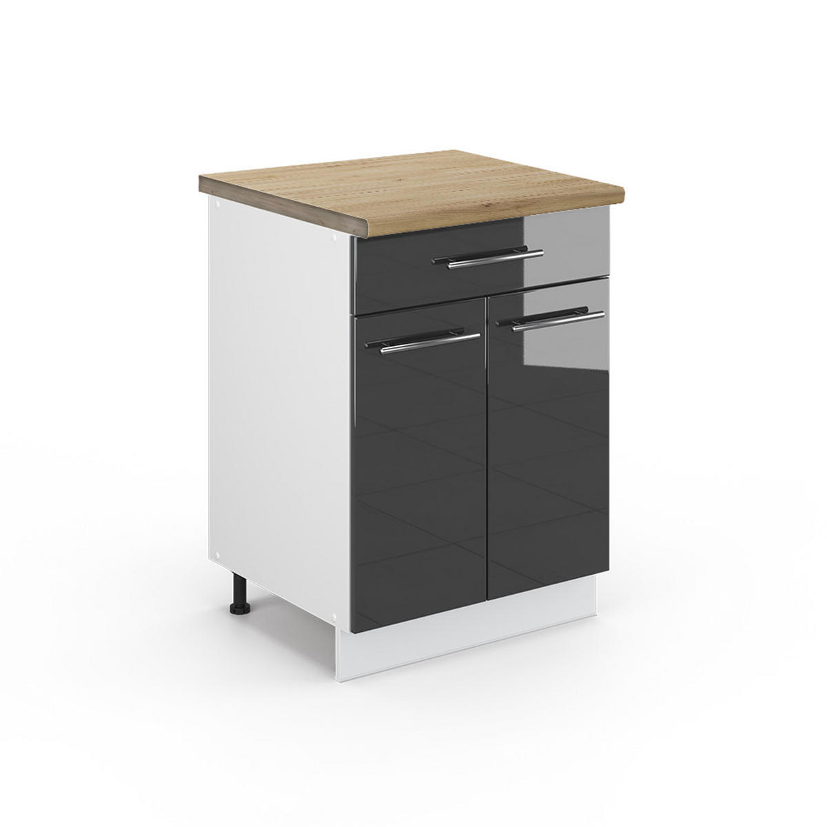 KÜCHENUNTERSCHRANK Fame-Line Anthrazit Hochglanz 60 cm mit Schublade AP Eiche - Schwarz Hochglanz/Anthrazit, Holzwerkstoff (60/82/60cm) - Vicco