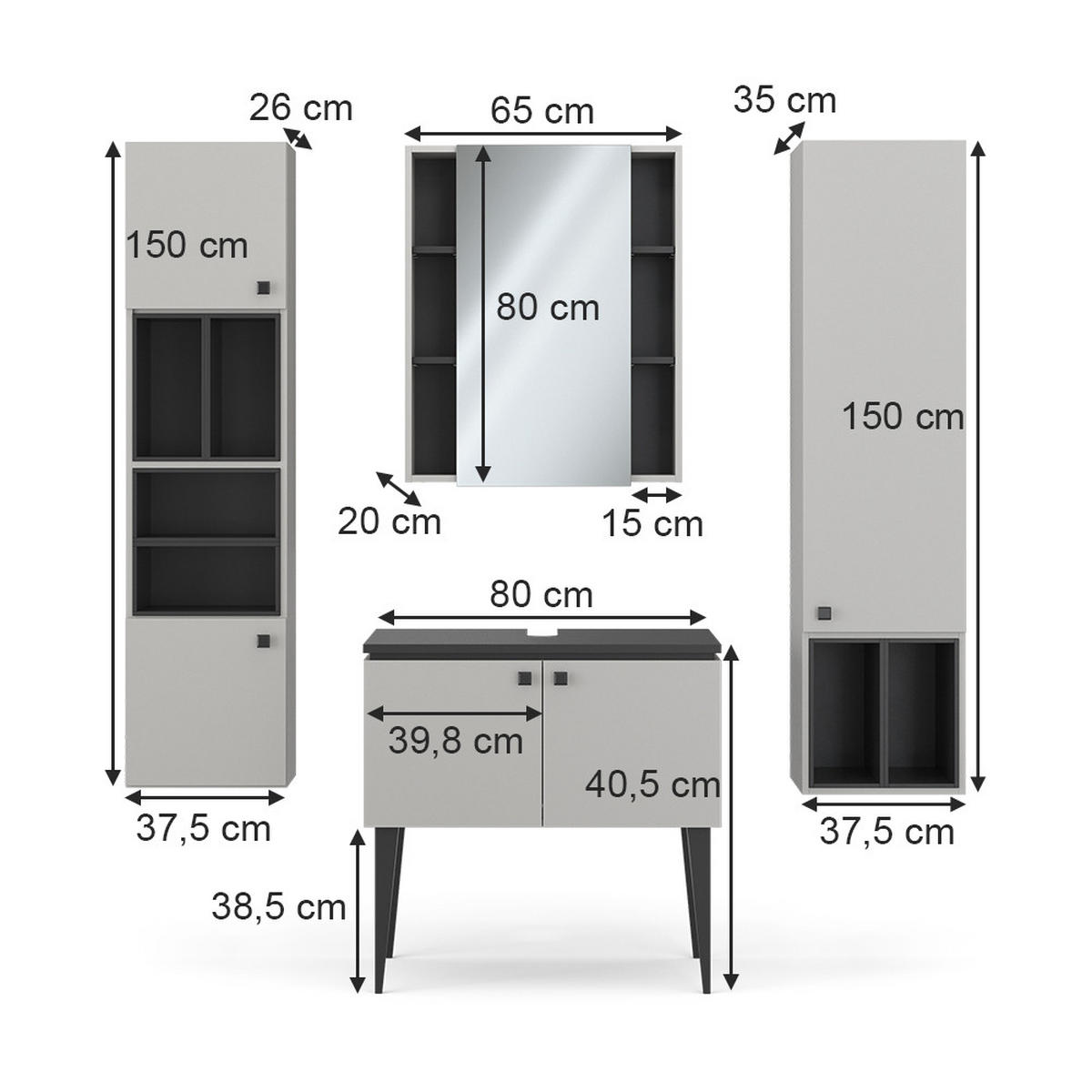 BADMÖBEL-SET Gerta Grau 4 Teile - Schwarz/Grau, Holzwerkstoff (80/79/50cm) - Vicco