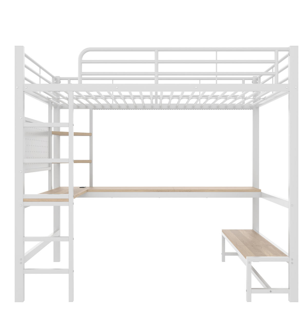 HOCHBETT 90/200 cm, Weiß mit Schreibtisch, LED und USB-C - Weiß, Metall (90/200cm) - MIVRAY