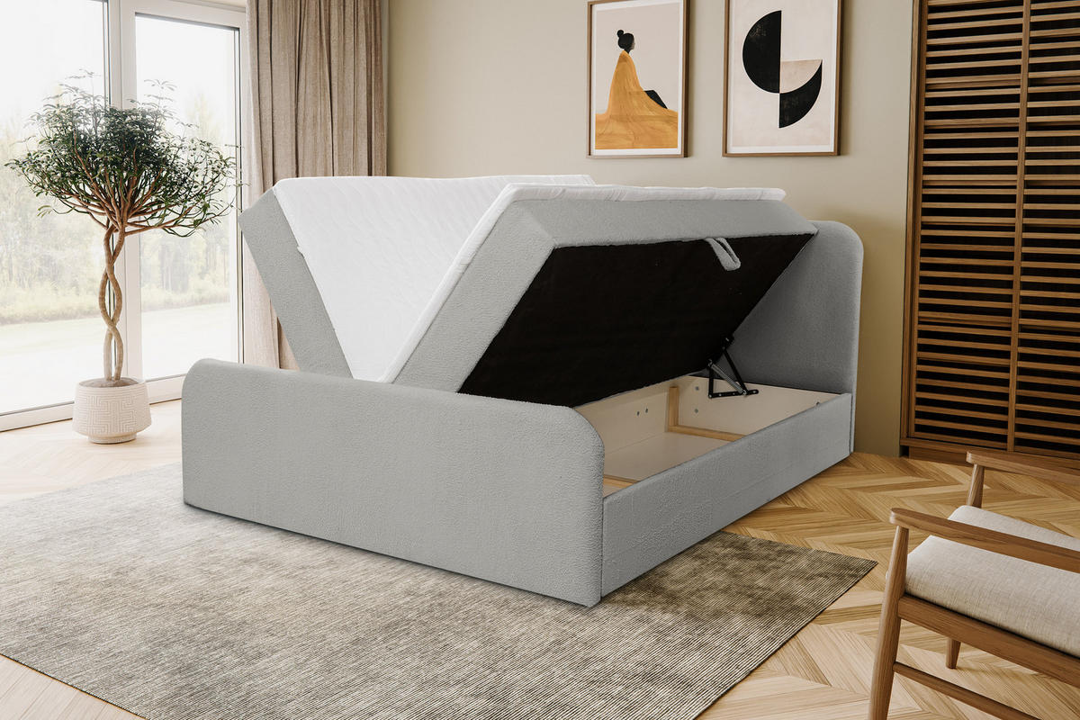 BOXBETT LAMBI mit 2 Bettkästen, 140x200, Farbe: Grau, Bouclé-Stoff, mit Bonell-Matratze inkl. Topper - Grau, Holz/Kunststoff (140/200cm) - VENASI MÖBEL