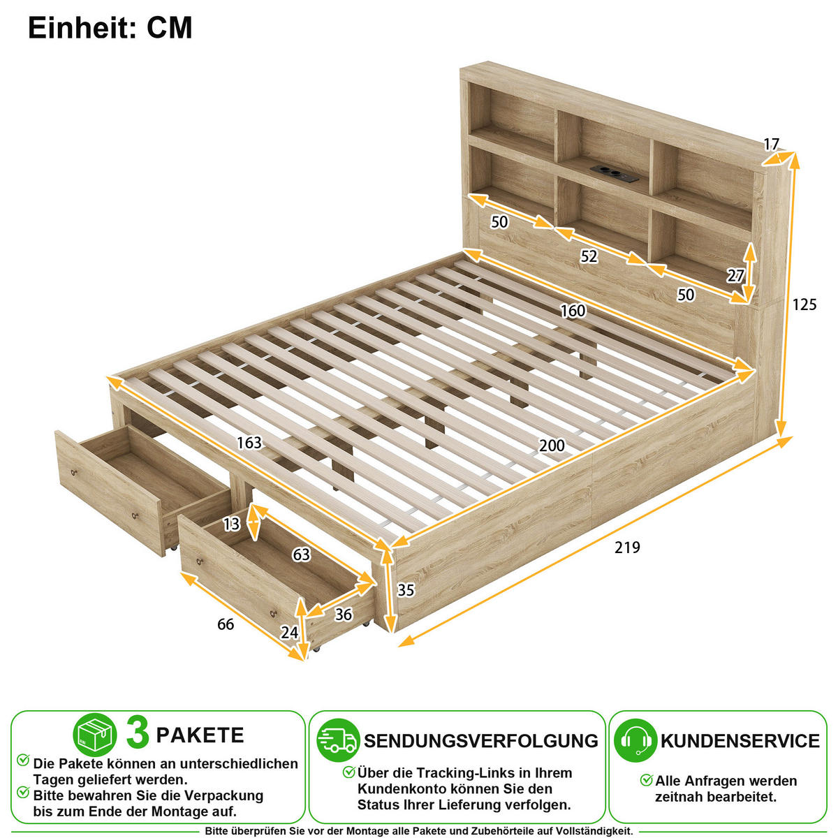 POSTEL 160/200 cm v přírodní barvě s USB, policemi a 2 zásuvkami - přírodní, kompozitní dřevo (160/200cm) - CHICFURN
