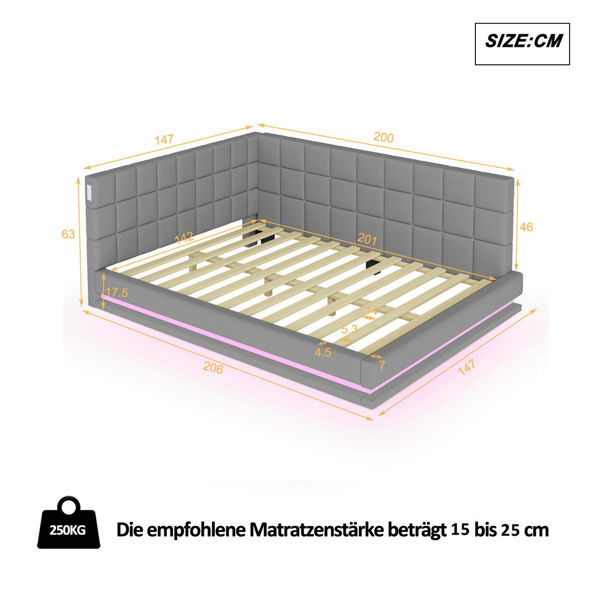 SCHLAFSOFA aus Leinen 140x200 cm Grau mit LED-Beleuchtung, USB-Anschluss und Lattenrost - Grau, Textil (140/200cm) - IVMEU