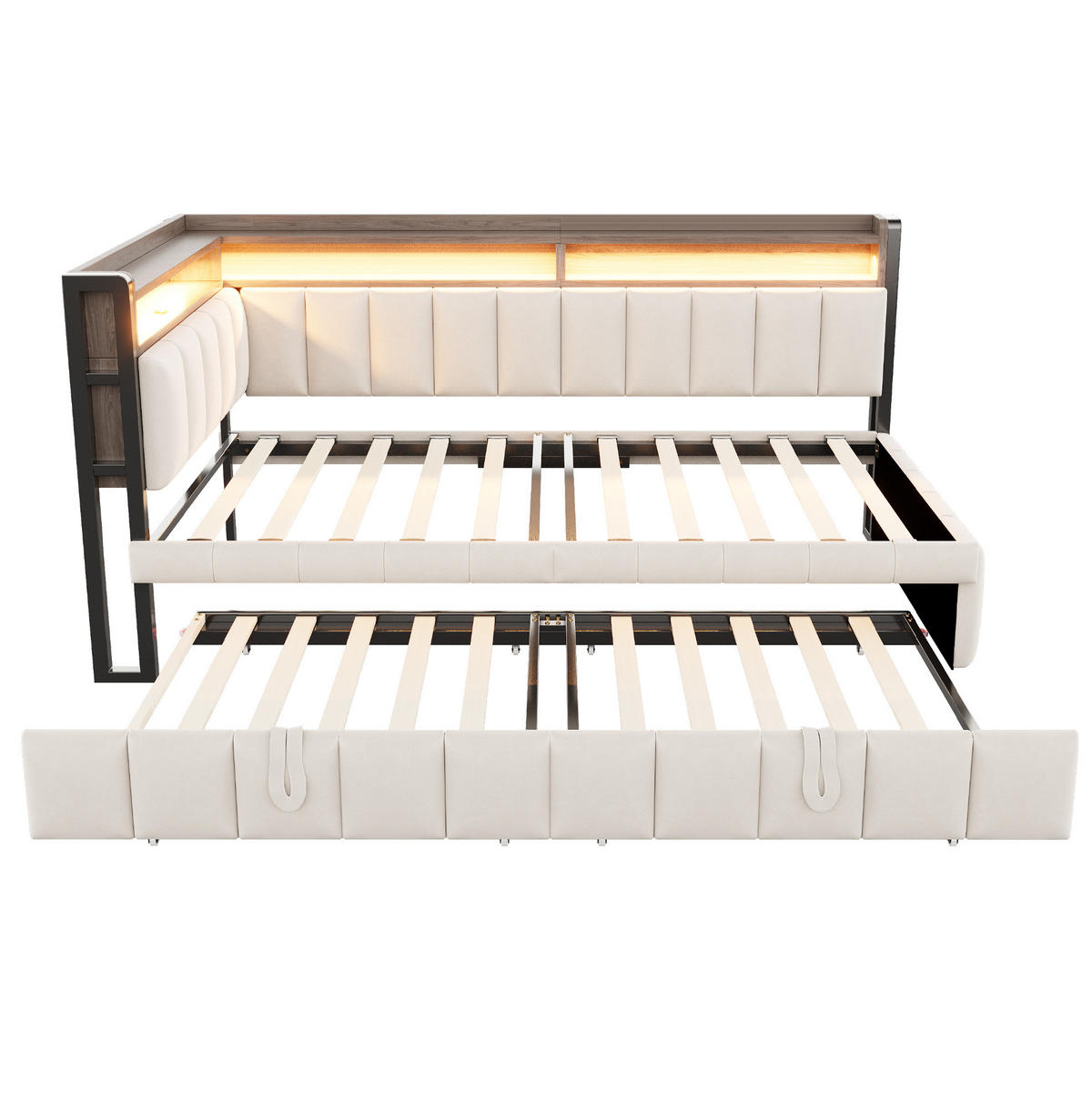 BETT 90/200 cm in Beige mit Ausziehbett, LED und USB-C - Beige, Textil (90/200cm) - BEAOK