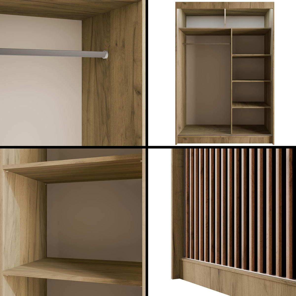 KLEIDERSCHRANK mit LED, Lamel-Schiebetüren VILANv2 - 120 cm Eiche Kraft + Lamelle Eiche Wotan - Hellbraun/Eiche Wotan, Holzwerkstoff (120/215/61cm) - ALTDECOR