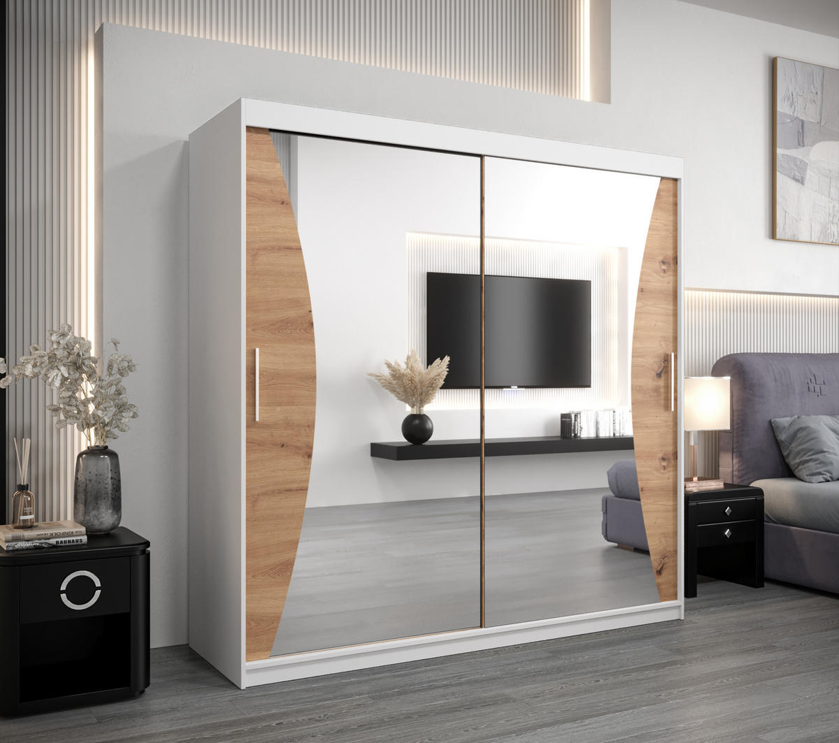 SCHWEBETÜRENSCHRANK 200/200/62 2-türig - Silberfarben/Weiß, Holz/Kunststoff (200/200/62cm) - Abiks Möbel