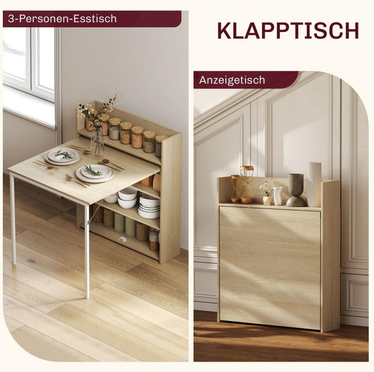 ESSTISCH 78,5/91/93 cm eiche klappbar mit 3 Regalen aus Holz und Stahl - Eichefarben, Holz (91/78.5/93cm) - OKWISH