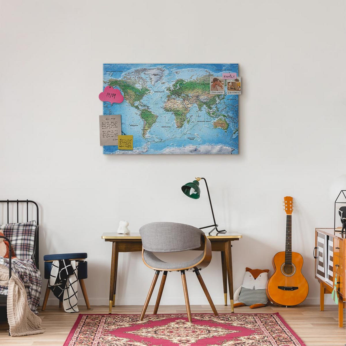 PINNWANDTAFEL 90/60 cm DEUTSCHE WELTKARTE zum Pinnen - Inklusive Pinnnadeln und Aufhängern - Dunkelblau, Holz (90/60cm) - artgeist