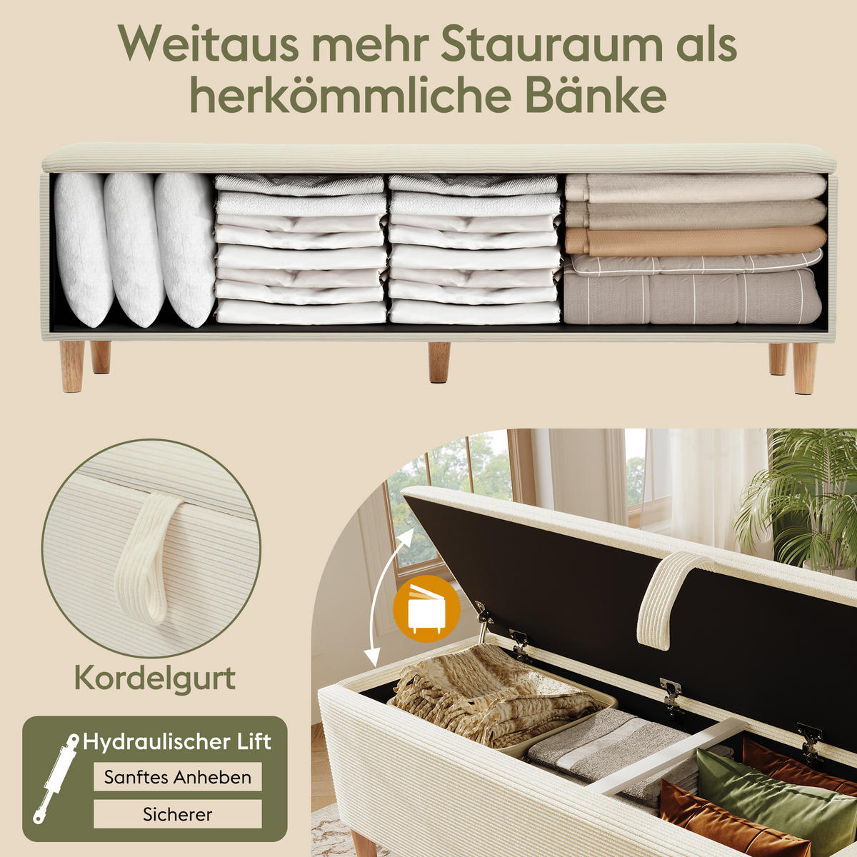 BETT 140/200 cm in Beige & Eichefarben mit LED, Regal und Bettbank - Beige, Holzwerkstoff/Textil (140/200cm) - WISHDOR
