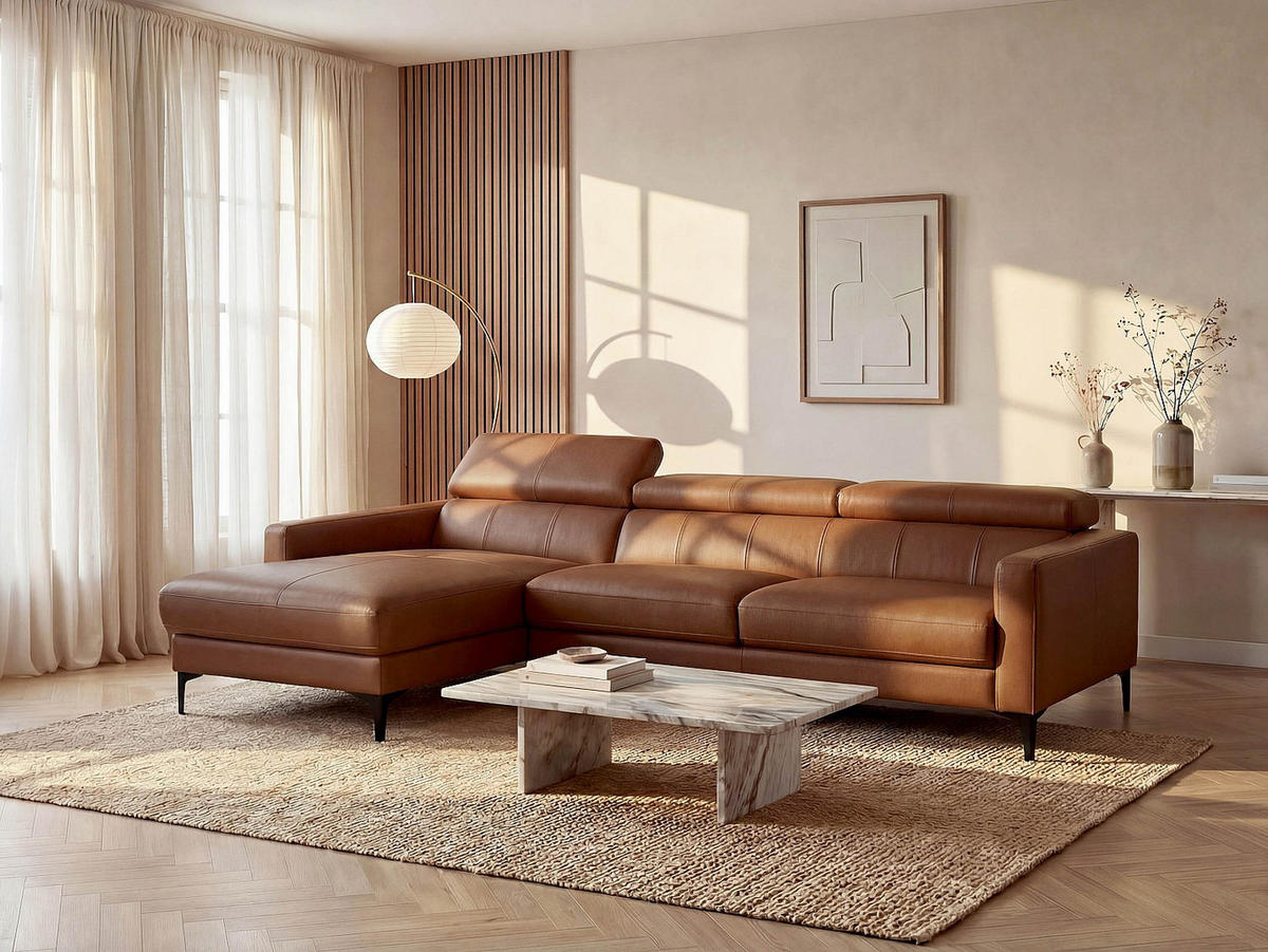 SOFA - 4 Personen - leder - camel Florence - Hellbraun, Leder/Metall (253/92/173cm) - Vente-Unique