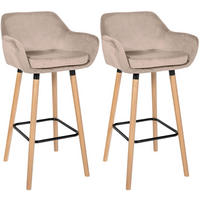 BARHOCKER 2er Set Samt Hellgrau - Eukalyptusholzfarben/Hellgrau, Holz/Textil (51/101/50cm) - CLP