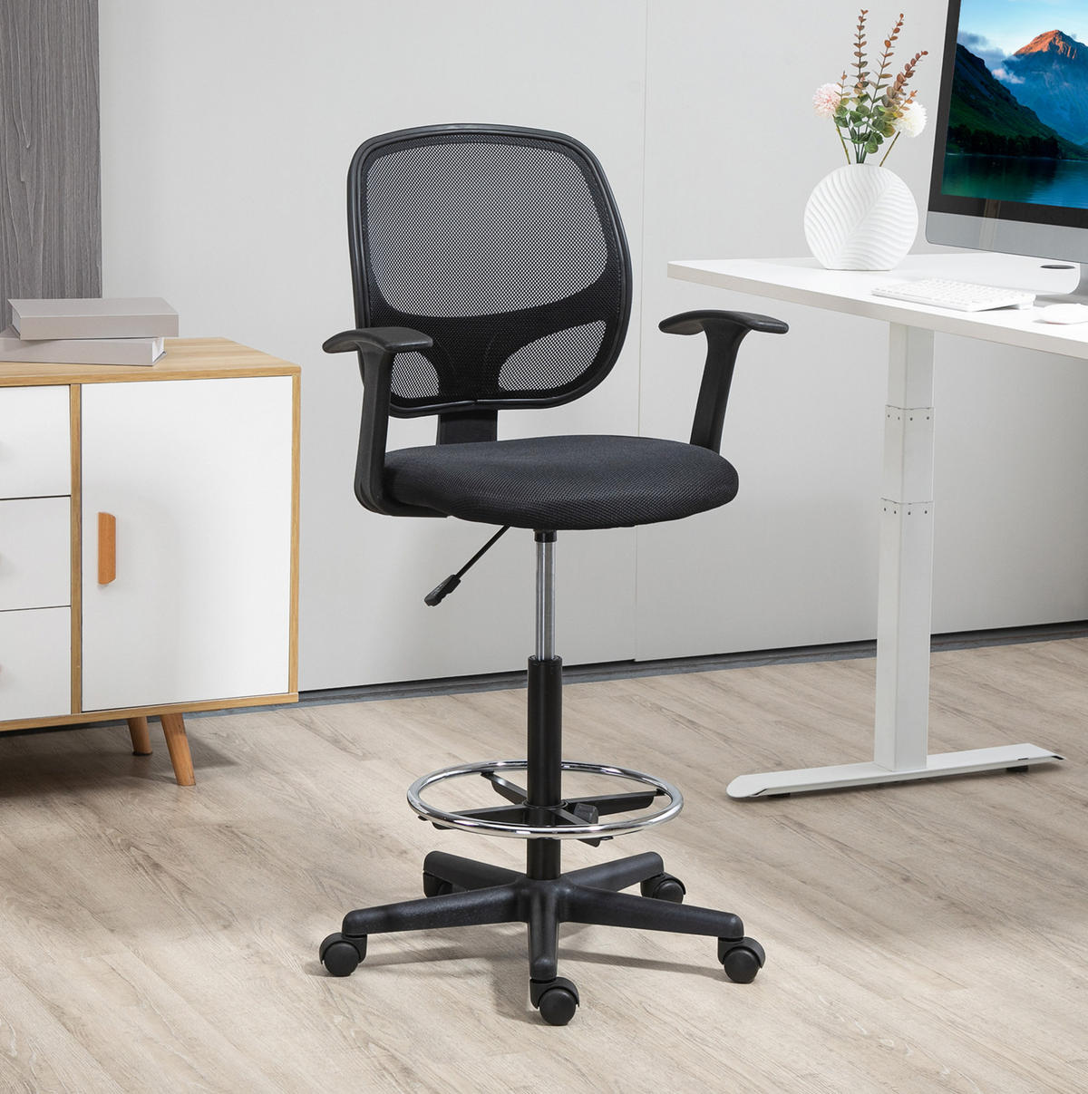 BÜROSTUHL in Schwarz 56x60x132 cm, höhenverstellbar, mit Fußstütze und Rollen - Schwarz, Kunststoff (60/132/56cm) - IVMEU