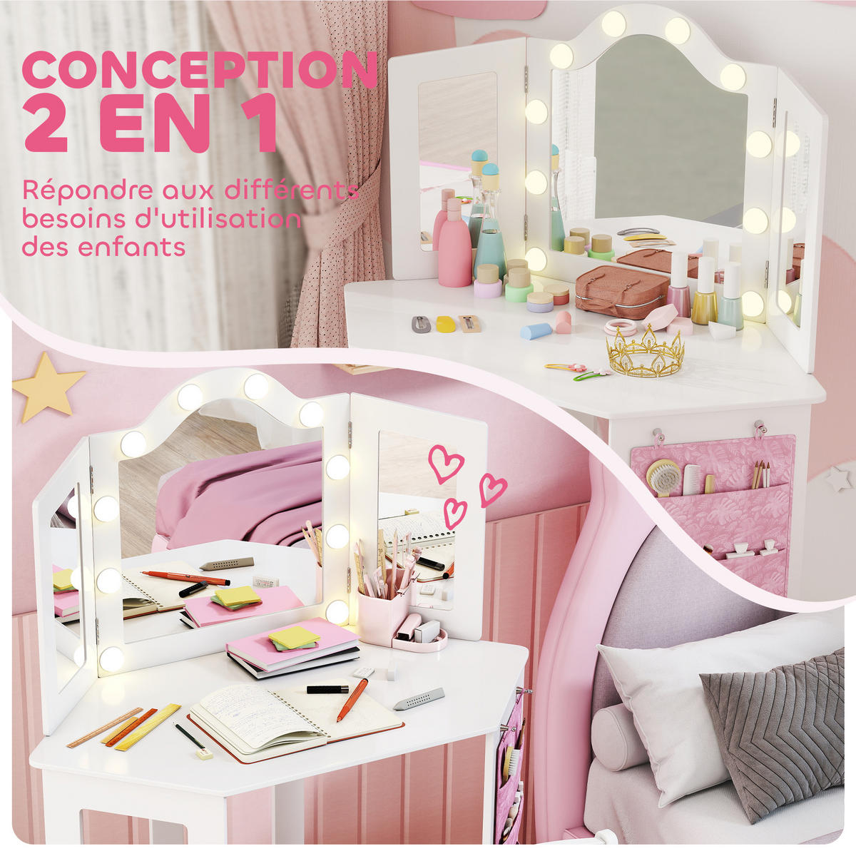 KINDERSCHMINKTISCH DE-18637 2-in-1 mit LED-Triptychonspiegel Weiß - Weiß, Holzwerkstoff (48.5/111.5/93.6cm) - ComfortXL