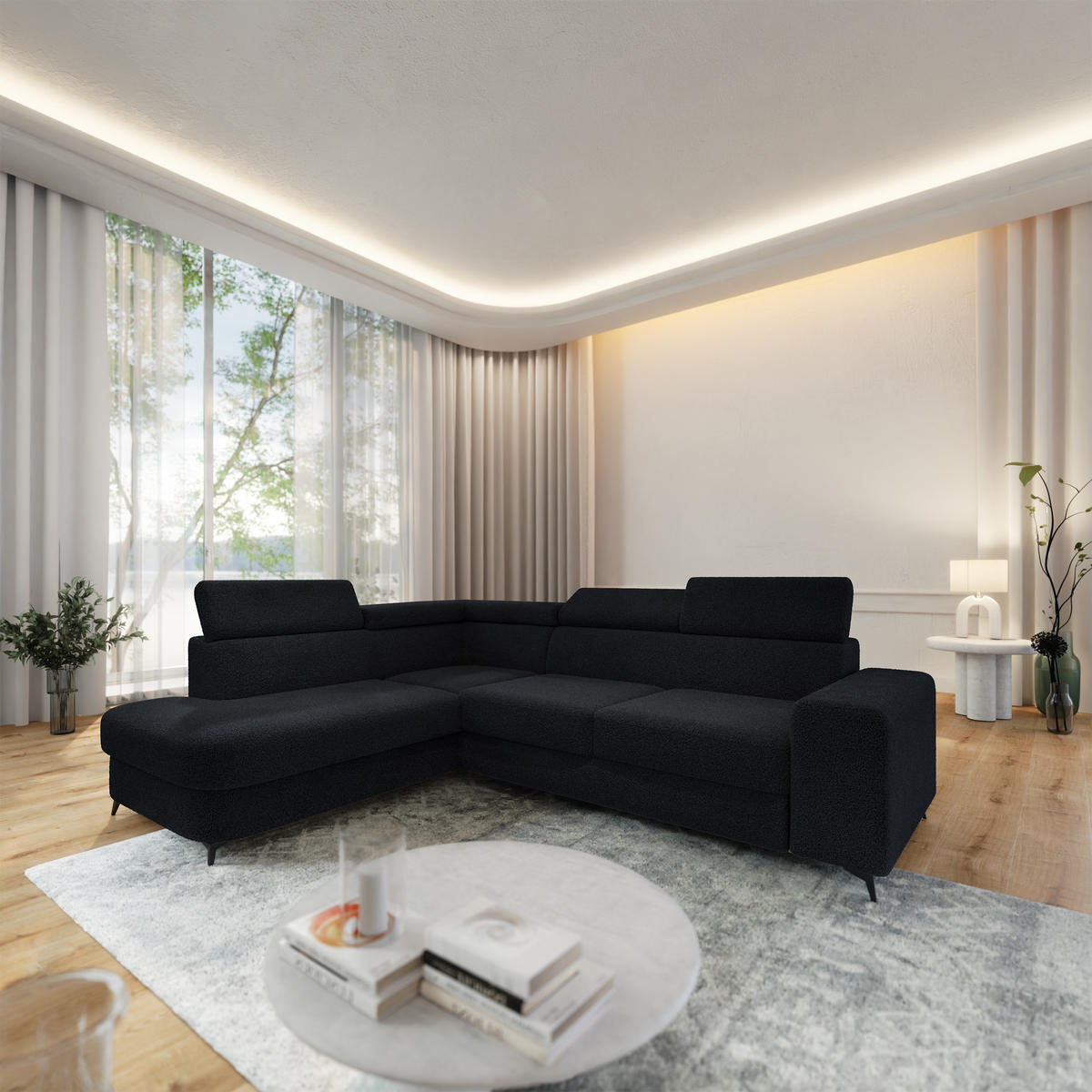 ECKSOFA ALVORO L-S Schwarz Boucle-Stoff mit Schlaffunktion - Schwarz, Holz (253/190cm) - MASSENO