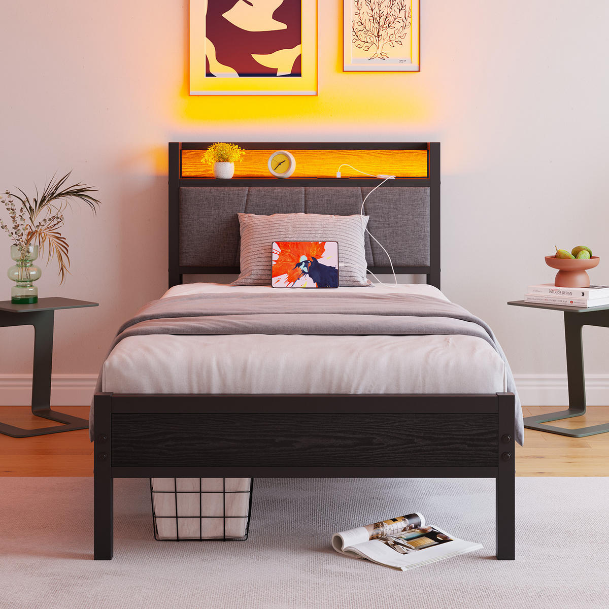 METALLBETT 90x200 cm LED USB Stauraum - Schwarz, Holzwerkstoff (90/200cm) - LEBENLANG