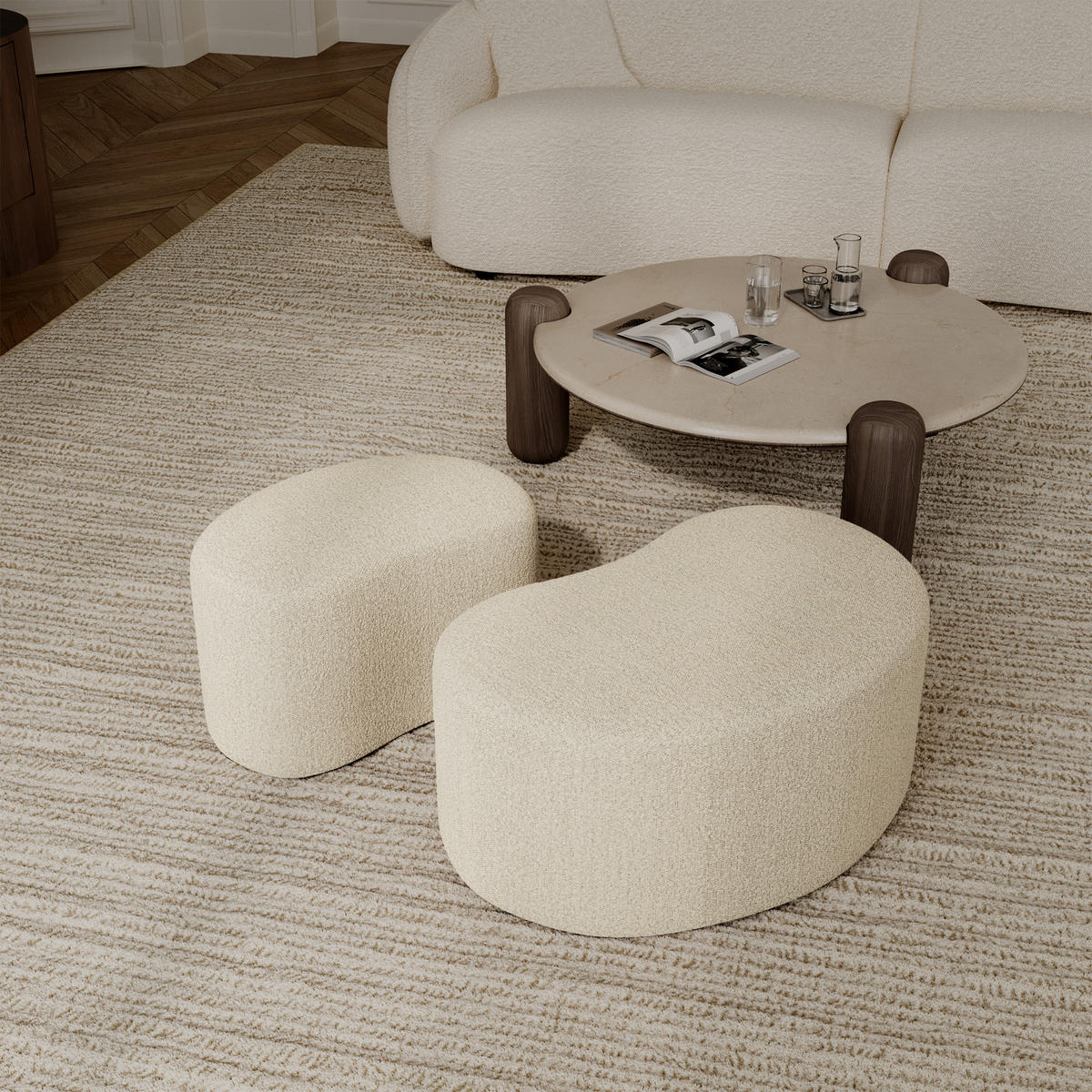 SITZHOCKER Bouclé-Stoff Creme 80cm - Creme, Textil (80/36/52cm) - Sia Home