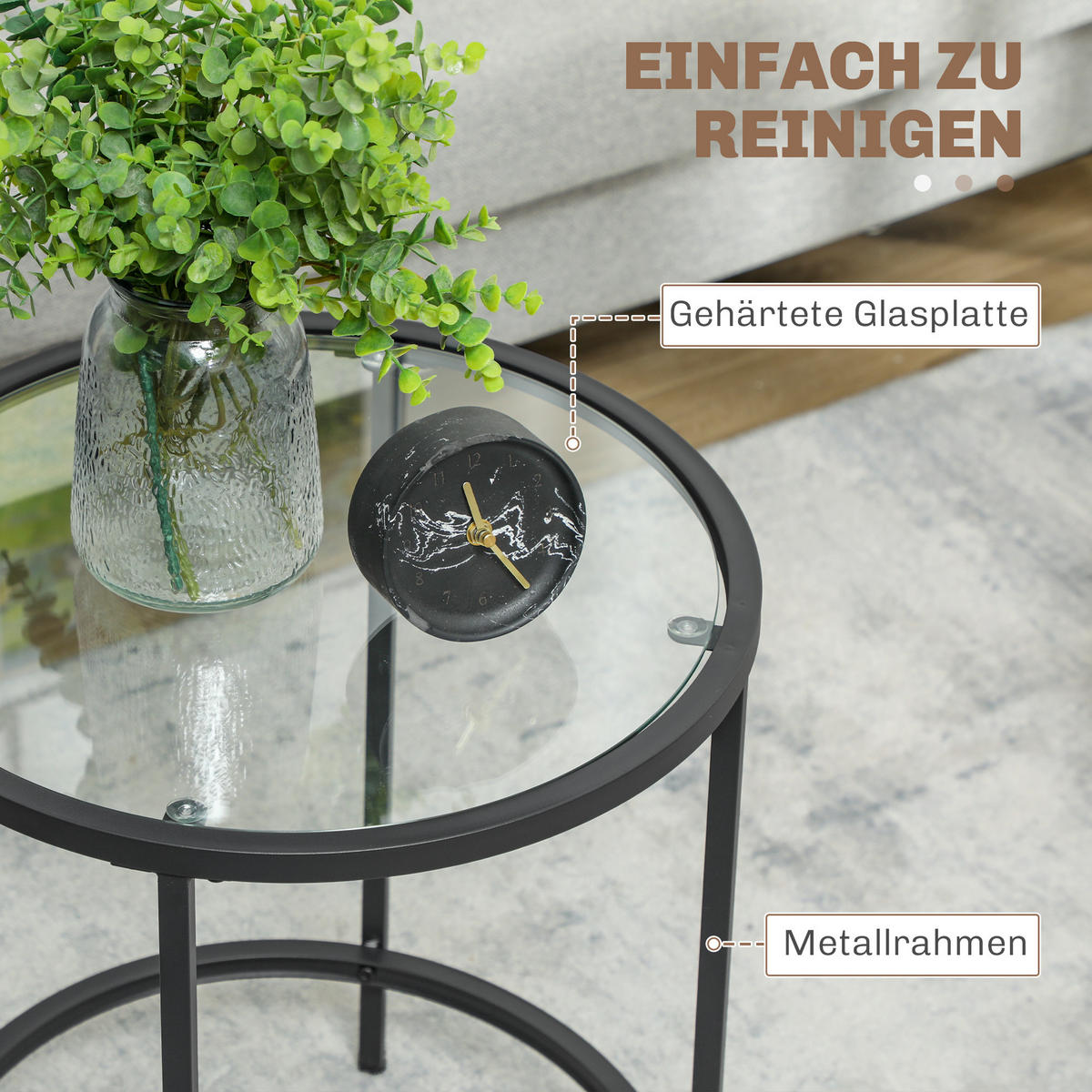 BEISTELLTISCH Rund Couchtisch mit Tischplatte aus Glas, Metallrahmen, Schwarz - Schwarz, Metall (48/48/54.7cm) - HOMCOM