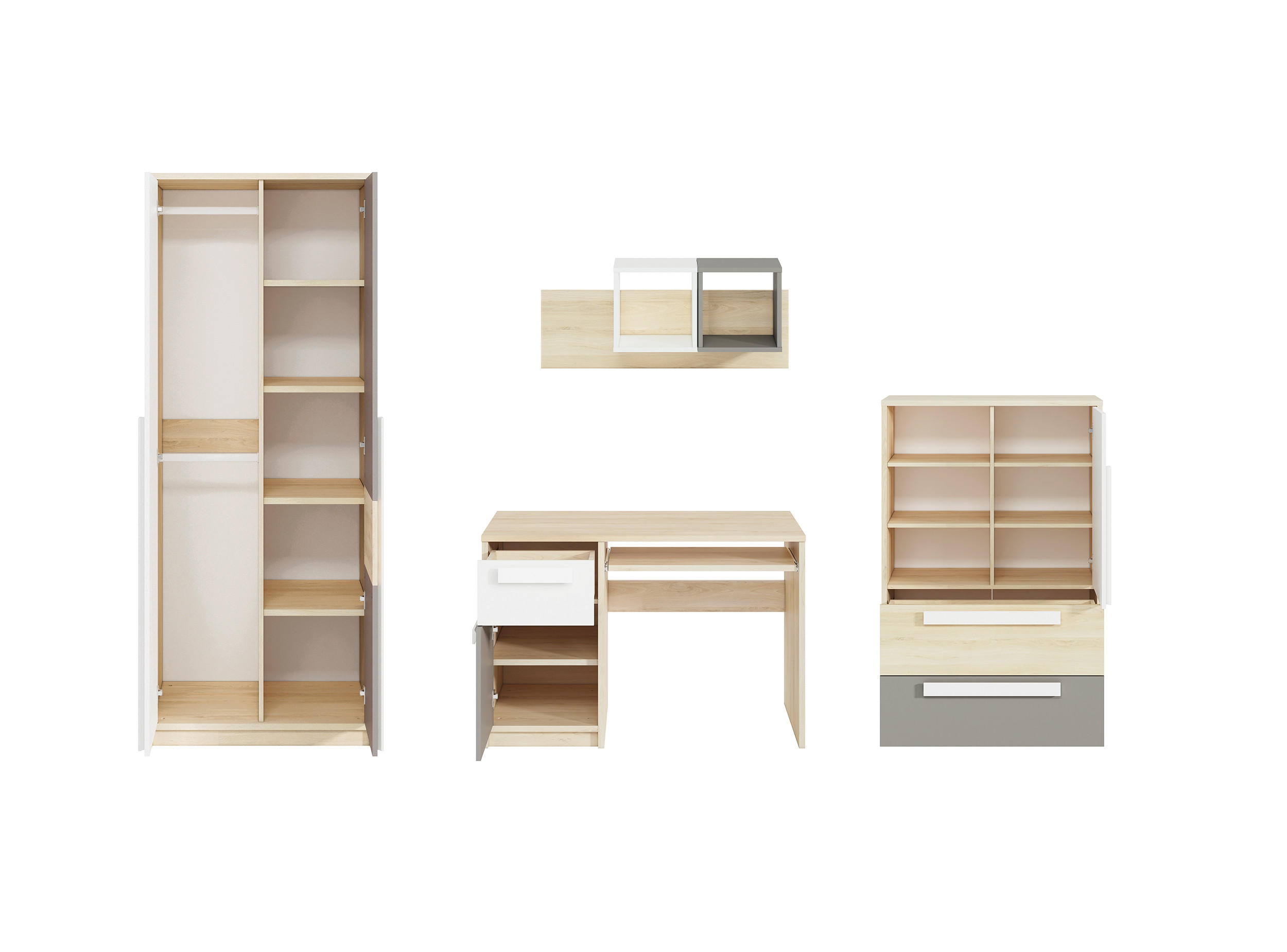 KINDERZIMMER-SET Drop Fjord Buche / weiß / grau 4-teilig - Multicolor/Braun, Holz/Holzwerkstoff (291/199/55cm) - Feldmann-Wohnen