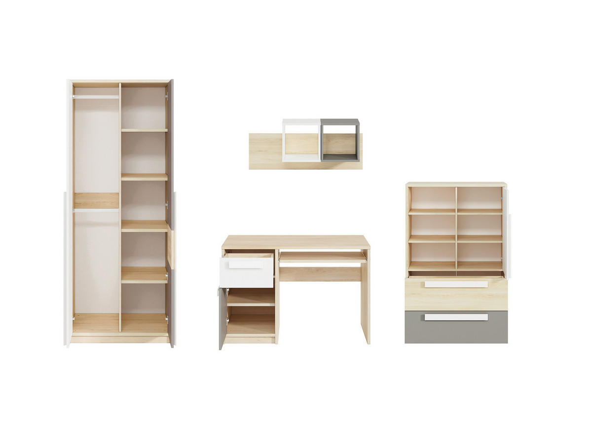 KINDERZIMMER-SET Drop Fjord Buche / weiß / grau 4-teilig - Multicolor/Braun, Holz/Holzwerkstoff (291/199/55cm) - Feldmann-Wohnen