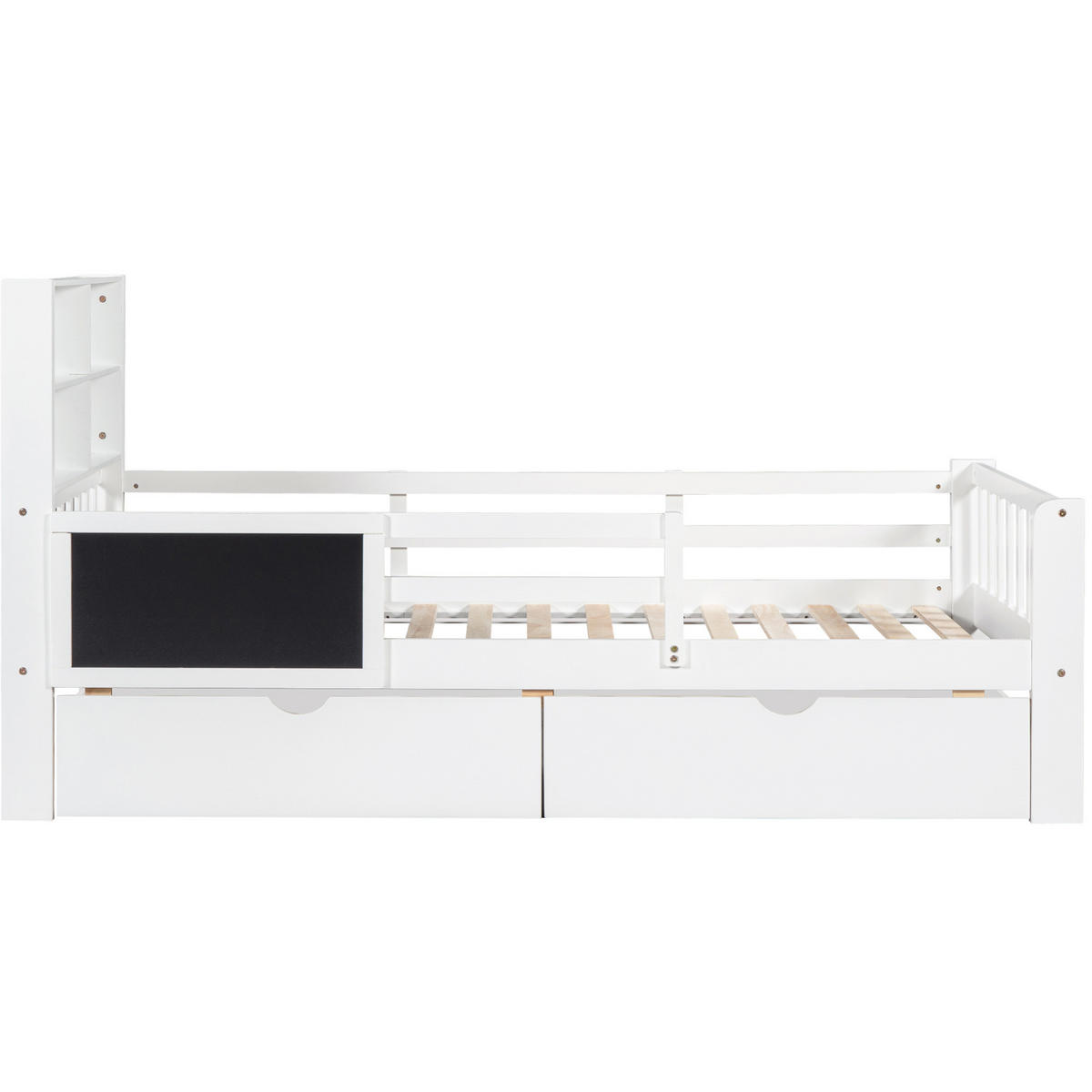 KINDERBETT 90/200 cm mit Sicherheitsleiste, Tafel, Ablage und 2 Schubladen, Massivholz/MDF, Weiß - Weiß, Holz (90/200cm) - Redom