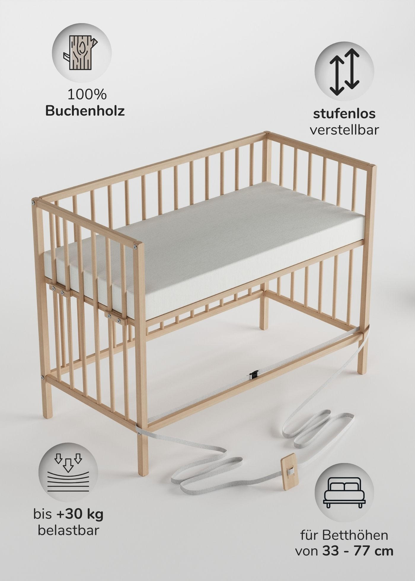 BEISTELLBETT mit Matratze Cloud Air & Umbauseite - natur - Dreamy 4 in 1 Bett - Naturfarben, Holz (120/90/60cm) - Sämann – make a difference.