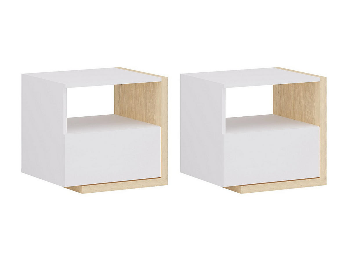 2ER-SET Nachttische skandinavisch mit 1 Schublade & 1 Ablage - Weiß & Holzfarben - NAPOLI II - Naturfarben, Holz (46.4/43/39cm) - Vente-Unique