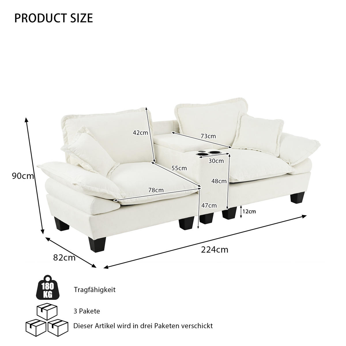 SOFA 2-Sitzer aus Chenille mit USB-Ladeanschlüssen & Stauraum, beige - Beige, Textil (82/90/224cm) - Luhomfu