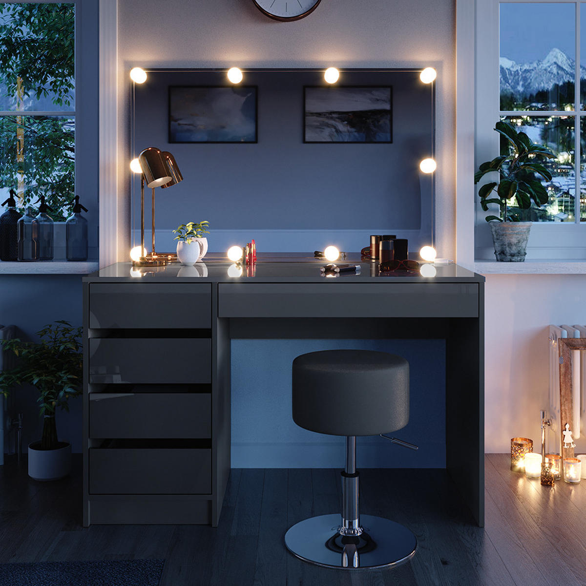 SCHMINKTISCH Sherry Grau 120 cm mit LED Beleuchtung und Hocker - Grau, Holzwerkstoff (120/75/55cm) - Vicco
