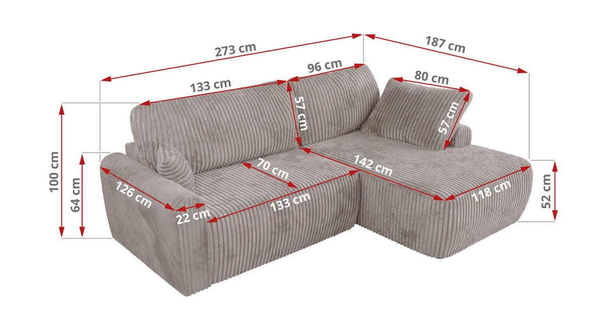 ECKSCHLAFSOFA CUBO L Hellbraun Cord - rechts - Hellbraun/Schwarz, Kunststoff/Textil (187/273cm) - MKS