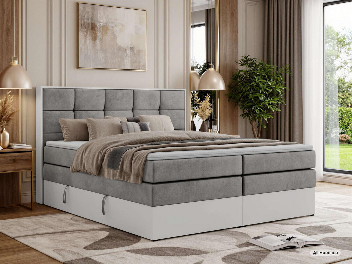 BOXSPRINGBETT ALVIT KING 180/200 - Hellgrau Velvet - Topper T25 - H4 - Hellgrau/Schwarz, Kunststoff/Textil (180/200cm) - MKS